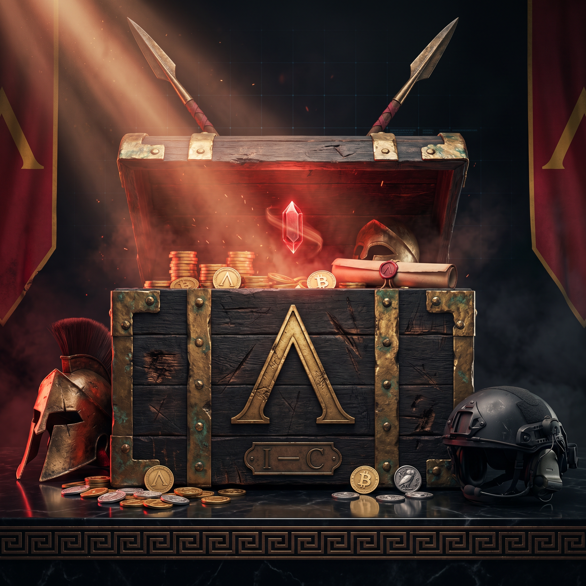 The I Token — a Spartan war chest with lambda emblem, gold and Bitcoin-etched coinage, ancient and modern operator helmets flanking the chest.